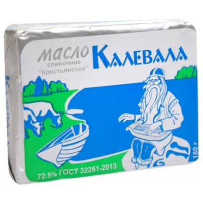 Масло сладкосливочное Калевала Крестьянское несолёное 72.5%, 180г