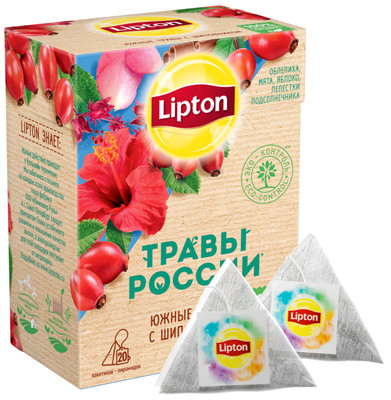 Чай Lipton Травы России травяной с шиповником в пирамидках, 20х2г