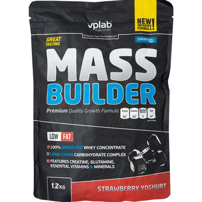 Гейнер Vplab Mass Builder с клубничным йогуртом смесь углеводов-белков для набора массы, 1.2кг