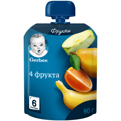 Пюре Gerber 4 фрукта с 6 месяцев, 90г
