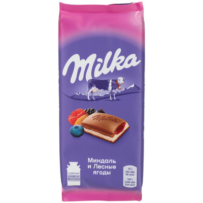 Шоколад молочный Milka с двухслойной начинкой миндаль и лесные ягоды, 90г