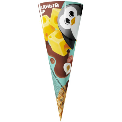 Мороженое 33 Пингвина пломбир шоколадный с сыром и фундуком в вафельном рожке 15%, 70г