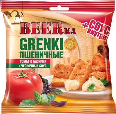 Гренки Beerka пшеничные со вкусом томата и базилика с чесночным соусом, 60г