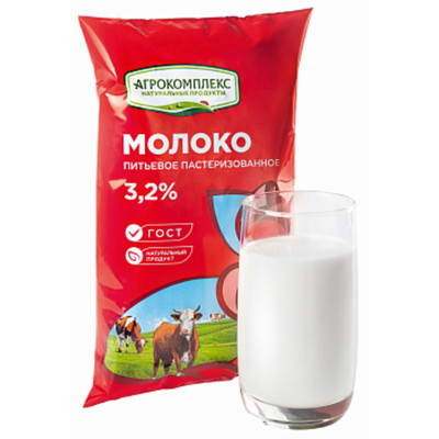 Молоко Агрокомплекс питьевое пастеризованное 3.2%, 900мл