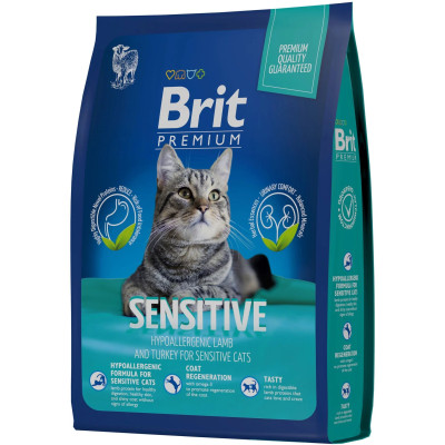 Корм Brit Premium Cat Sensitive с ягненком и индейкой сухой для взрослых кошек, 800г