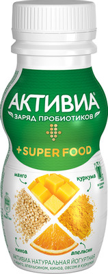 Биойогурт Активиа питьевой Super food манго-апельсин-киноа-овес-куркума 2%, 200мл