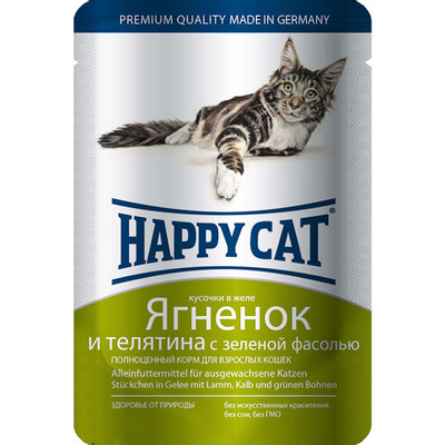 Корм Happy Cat кусочки ягнёнка и телятины с зелёной фасолью в соусе для кошек, 100г