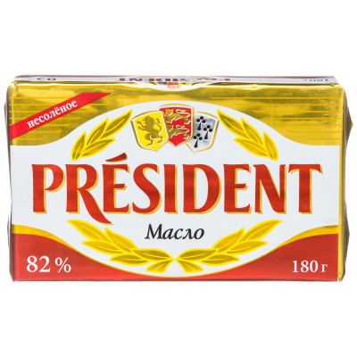 Масло сливочное President несолёное 82%, 180г