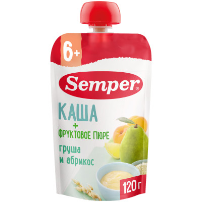 Пюре Semper Груша и абрикос с кашей с 6 месяцев, 120г Пюре Semper Груша и абрикос с кашей с 6 месяцев, 120г