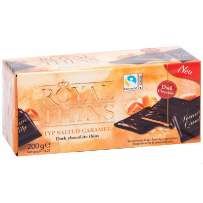 Шоколад Royal Thins темный с помадной начинкой со вкусом карамели и морской солью, 200г