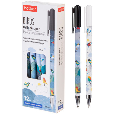 Ручка Hatber Birds масляная шариковая с колпачком и клипом 0.7мм синяя, 12шт