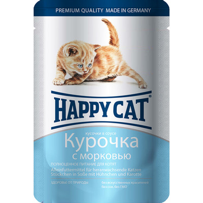 Корм Happy Cat кусочки курицы с морковью в соусе для котят, 100г