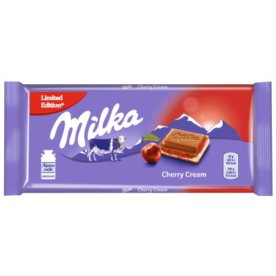 Шоколад молочный Milka Cherry Cream с молочная и вишнёвая начинкой, 100г