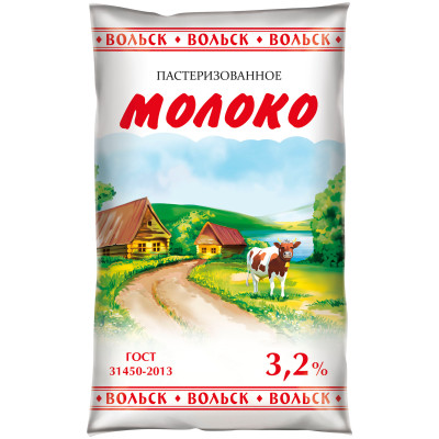 Молоко Вольск пастеризованное 3.2%, 900мл