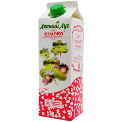 Молоко Летний Луг питьевое пастеризованное 3.2%, 950мл