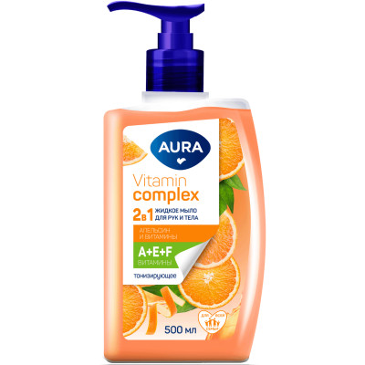 Мыло Aura Vitamin Complex Апельсин и витамины жидкое для рук и тела 2в1, 500мл