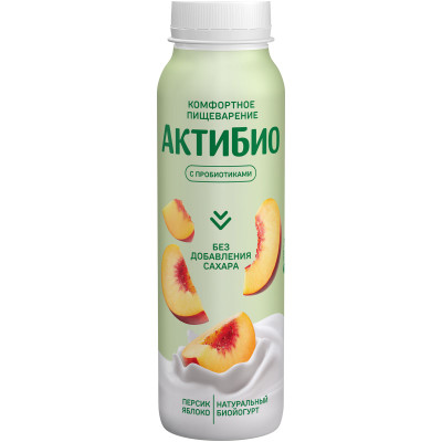Биойогурт Актибио с яблоком и персиком обогащенный бифидобактериями 1.5%, 260мл
