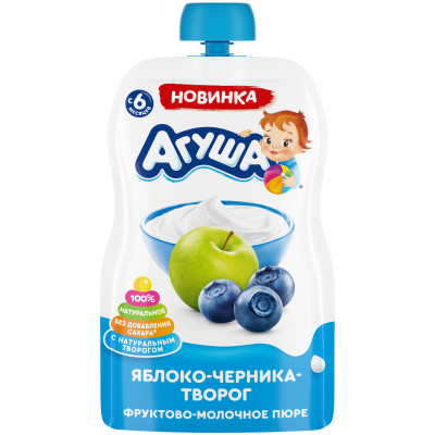 Пюре фруктово-молочное Агуша Яблоко-Черника для детского питания с 6 месяцев, 90г