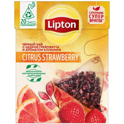 Чай Lipton Citrus Strawberry черный с цедрой грейпфрута аромат клубники в пирамидках, 20x1.8г