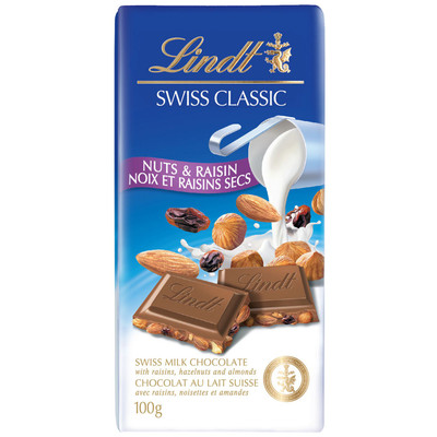 Шоколад молочный Lindt Swiss Classic изюм-фундук-миндаль, 100г
