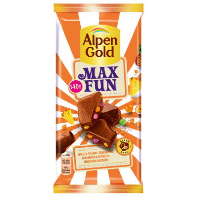 Шоколад Alpen Gold Max Fun молочный c фруктовыми кусочками взрывной карамелью и шипучими шариками, 140г
