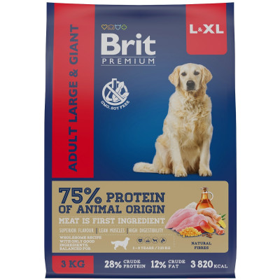 Корм сухой Brit Premium Dog Adult Large and Giant полнорационный с курицей для взрослых собак, 3кг