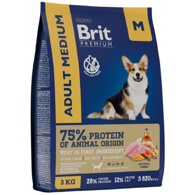 Корм Brit Premium Dog Adult Medium с курицей для взрослых собак средних пород, 3кг