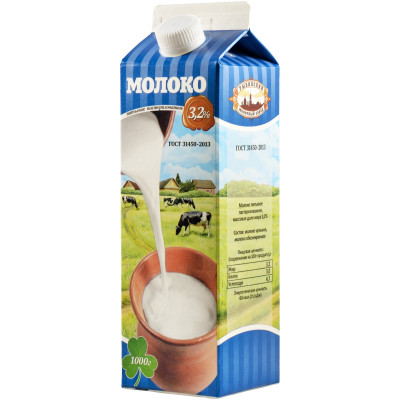Молоко Рыбинский молочный завод питьевое пастеризованное 3.2%, 1л