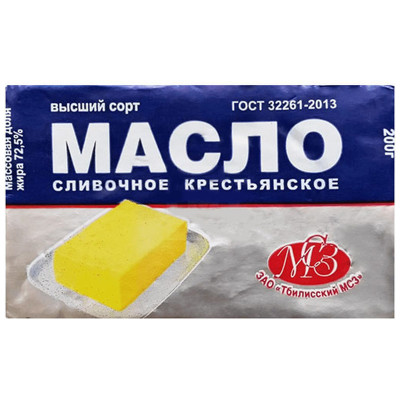 Масло сливочное Тбилисский МСЗ Крестьянское 72.5%, 200г