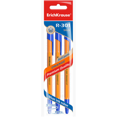 Ручки ErichKrause Orange Stick&Grip шариковые синие R-301, 3шт