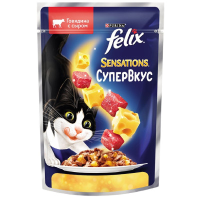 Корм Purina Felix Sensations Супервкус для взрослых кошек со вкусом говядины и сыра в желе, 75г