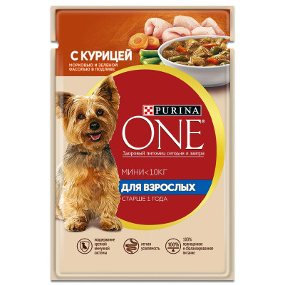 Корм Purina One Мини с курицей морковью и зеленой фасолью для взрослых собак, 85г