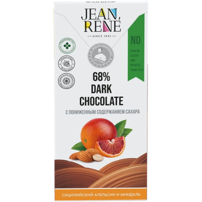 Шоколад Jean Rene темный авторский с цукатами апельсина и миндалем 68%, 80г