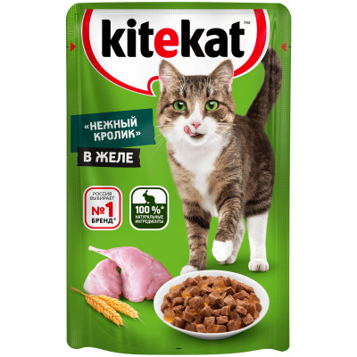 Влажный корм Kitekat для взрослых кошек со вкусом кролика в желе Нежный кролик, 85г