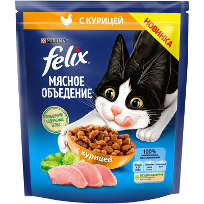 Корм Felix Мясное объедение с курицей для взрослых кошек, 600г
