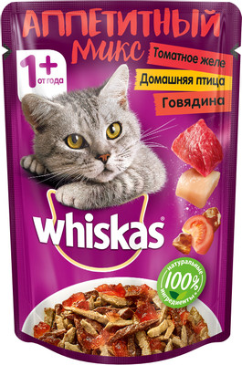 Корм Whiskas Аппетитный микс с домашней птицей и говядиной в томатном желе для кошек, 85г