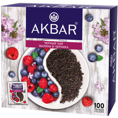 Чай Akbar Малина и черника чёрный ароматизированный, 100х1.5г