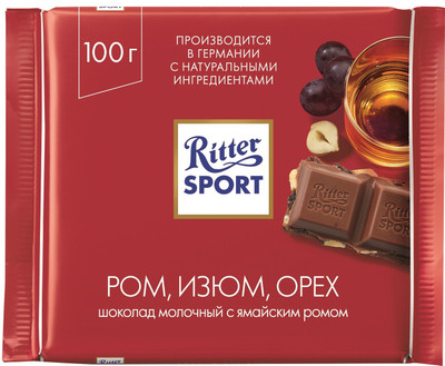 Шоколад Ritter Sport молочный ром-изюм-орехи, 100г