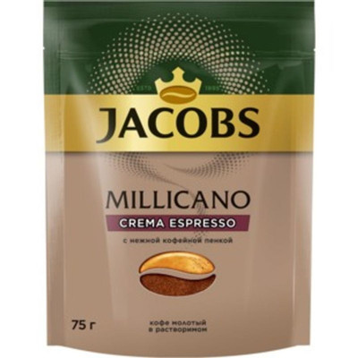Кофе Jacobs Millicano Crema Espresso растворимый с добавлением молотого, 75г