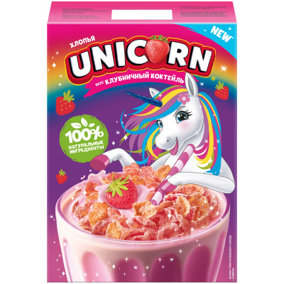 Хлопья Unicorn кукурузные со вкусом Клубничный коктейль, 220г