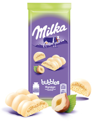 Шоколад белый Milka Bubbles пористый с фундуком, 83г
