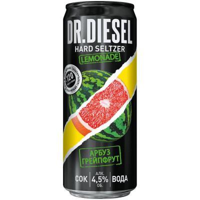 Напиток пивной Dr.Diesel Hard Seltzer Lemonade нефильтрованный арбуз-грейпфрут 4.5%, 330мл