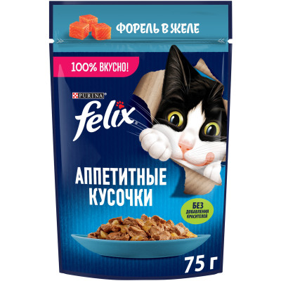 Корм Felix Аппетитные кусочки в желе с форелью для взрослых кошек, 75г
