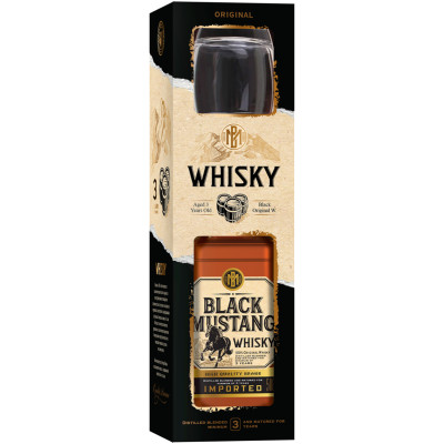 Виски Black Mustang армянский купажированный 40% в подарочной упаковке, 500мл + стакан