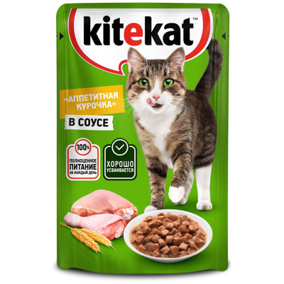 Влажный корм Kitekat для взрослых кошек со вкусом курицы в соусе Аппетитная курочка, 85г