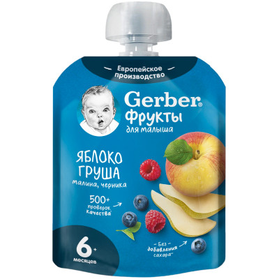Пюре фруктовое Gerber яблоко-груша-малина-черника с 6 месяцев, 90г