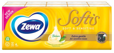 Платки носовые бумажные Zewa Softis Soft & Sensitive 4 слоя, 9x10шт
