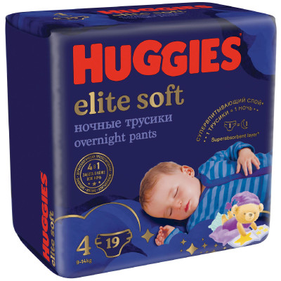 Трусики-подгузники Huggies Элит Софт 4 ночные 9-14кг, 19шт