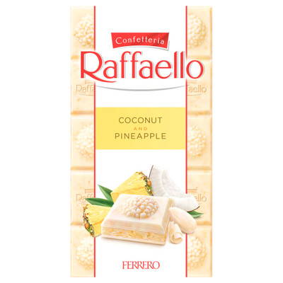 Шоколад белый Raffaello со вкусом ананаса и с добавлением кокосовой стружки и миндаля, 90г