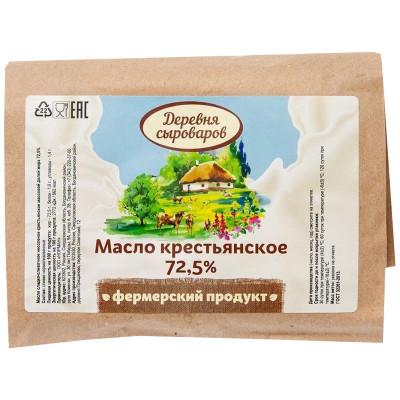 Масло сладкосливочное Деревня Сыроваров Крестьянское несолёное 72.5%, 180г